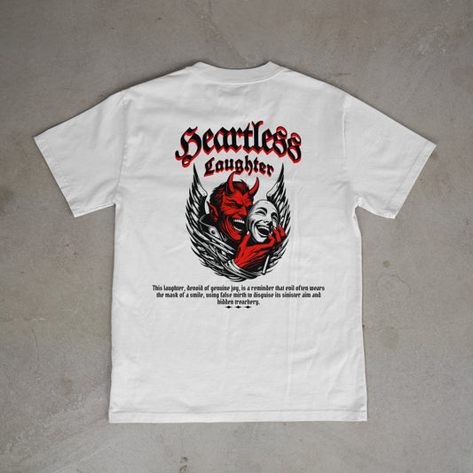 White t-shirt with graphic design and text on a gray surface