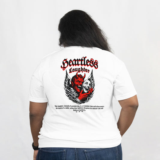Person wearing a white t-shirt with a graphic design and text on the back, against a plain background.
